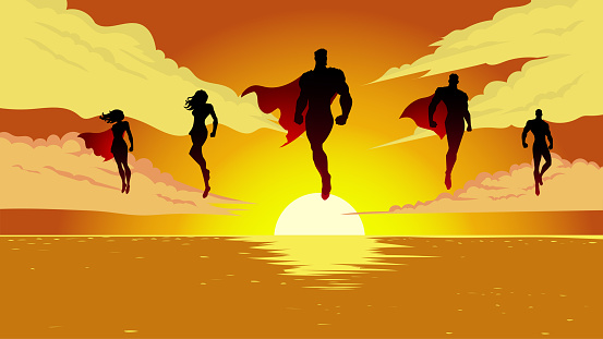 A silhouette style vector illustration of a team of superheroes flying above the sea. Wide space available for your copy Easy to grab and edit.