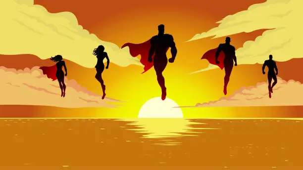 Vector illustration of Vector Superhero Team Silhouette Flying Above Sea Stock Illustration