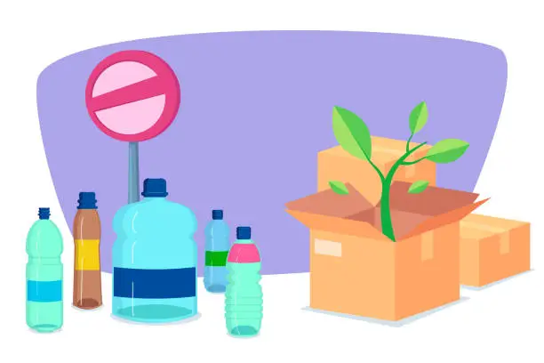 Vector illustration of Plastic bottles with forbidden sign