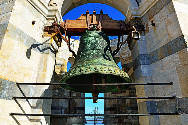 Church bells in an adobe bell tower against a clear blue sky near tuscan arizona reflects the pueblo architecture prevalent in the American southwest