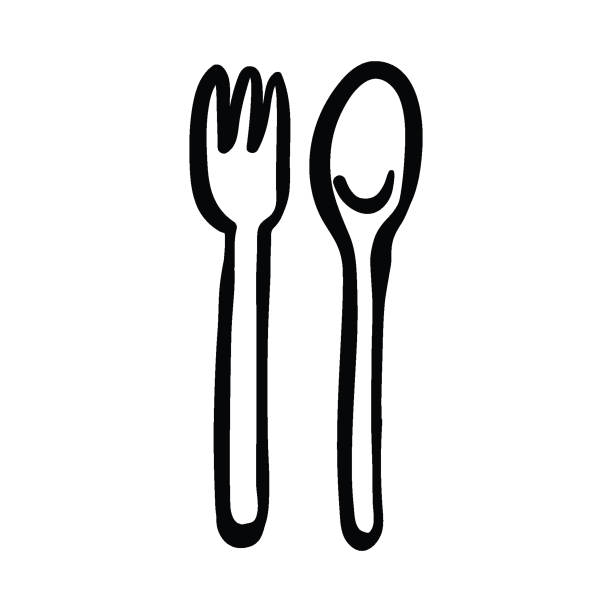 fork, spoon, hand drawn vector illustration fork, spoon, table setting for food concept, hand drawn vector illustration clip art of a forks stock illustrations