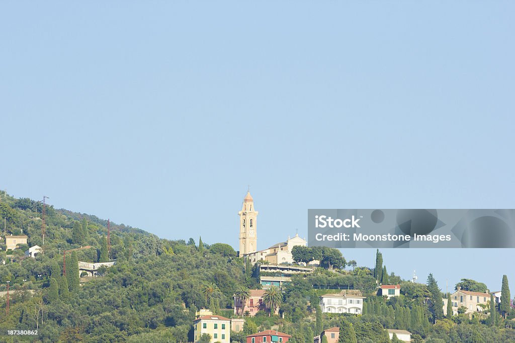 Riviera di Levante in Liguria, Italy Churches and holiday homes on the hills overlooking the Gulf of Tigullio in the Italian Riviera Architectural Feature Stock Photo