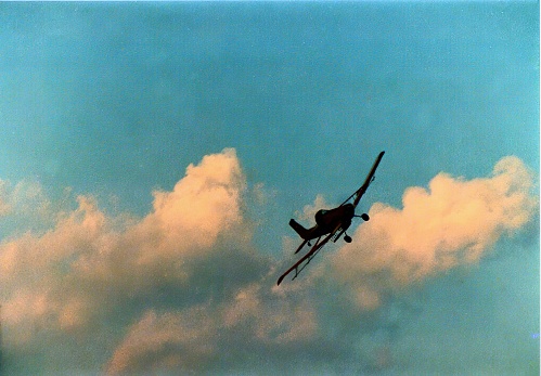 This photograph depicts a small plane, likely a crop duster, soaring through the sky against a backdrop of fluffy clouds silhouetted against the evening sky above a cornfield in Orlando, Florida.