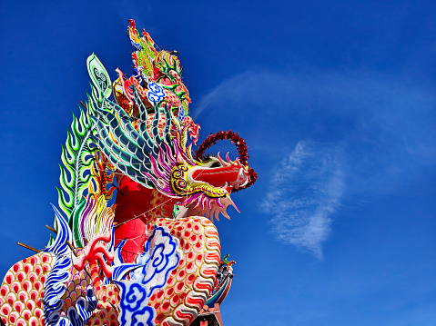 Focus scene on temple with oversized dragon sculpture joss stick for important / major celebration / festival