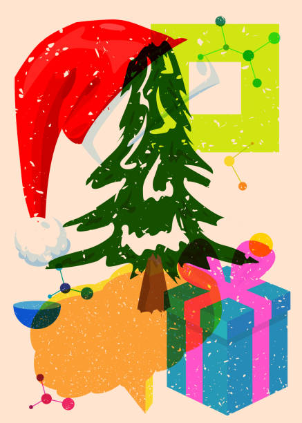 istock Risograph holiday, Christmas with speech bubble and geometric shapes. Pine Tree, Gift Box, Santa Claus Hat with objects in trendy riso graph print texture style design with geometry elements. 1873834777