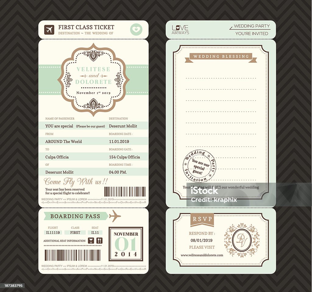 Vintage carte d'embarquement Ticket mariage Invitation Template VECTEUR - clipart vectoriel de Faire-part de mariage libre de droits