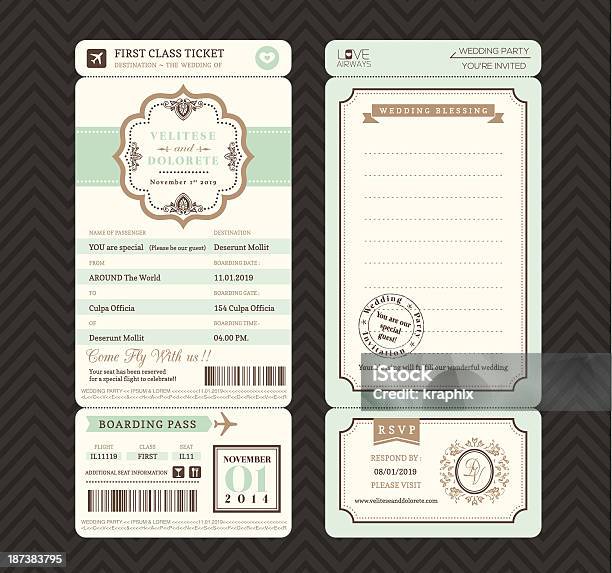 Vintage Carte Dembarquement Ticket Mariage Invitation Template Vecteur Vecteurs libres de droits et plus d'images vectorielles de Faire-part de mariage