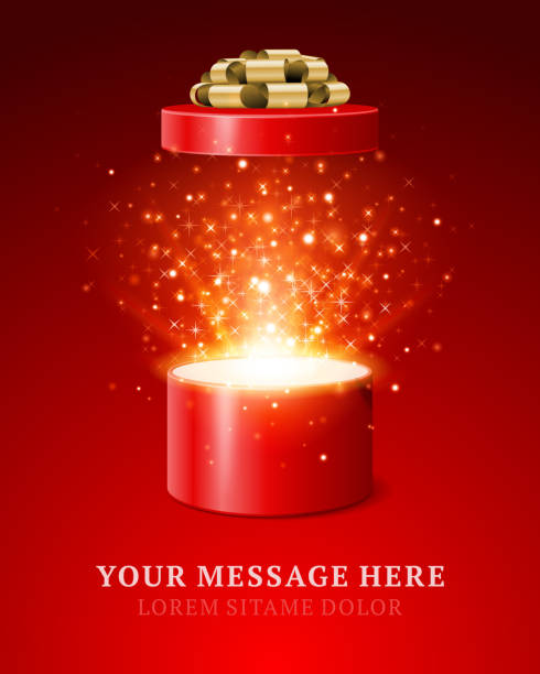 Round red gift box with lid being pushed off by fireworks vector art illustration