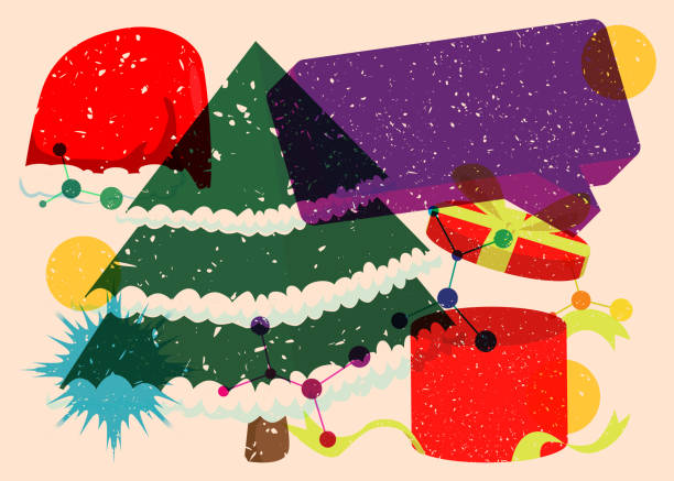istock Risograph holiday, Christmas with speech bubble and geometric shapes. Pine Tree, Gift Box, Santa Claus Hat with objects in trendy riso graph print texture style design with geometry elements. 1873840906