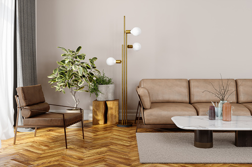 Modern Living Room Interior With Leather Sofa, Armchair, Floor Lamp And Houseplants