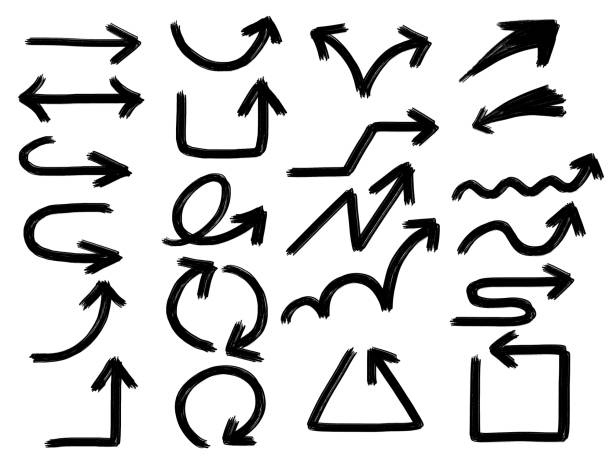 Assortment of arrows drawn with a blurred brush An assortment of arrows drawn with a faded brush. Can be used for materials, cards, etc. double arrow chart stock illustrations