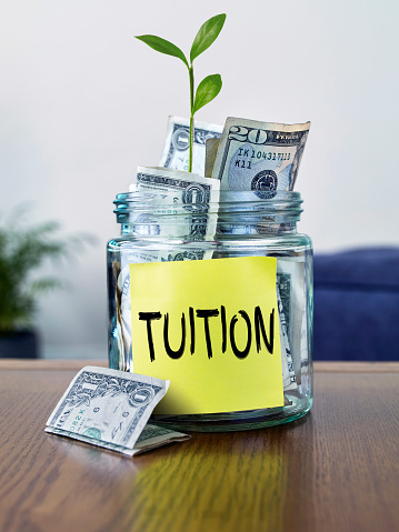 Seeding plant coming out of a glass jar full of dollars with adhesive note with” tuition” text