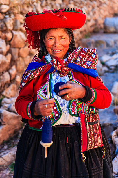 istock Peruvian woman spinning wool by hand, Sacred Valley, Peru 187386851