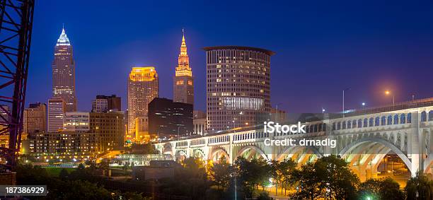 Cleveland Skyline And Detroitsuperior Bridge At Night Stock Photo - Download Image Now