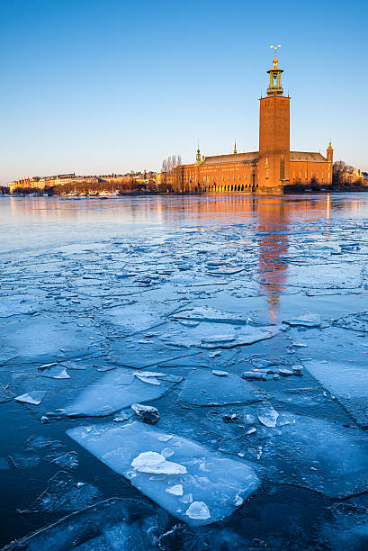Stockholm City Hall Stockholm City Hall in winter reflecting in the icy waters of Riddarfjarden in early morning light. Location of the Nobel Prize banquet in December each year. kungsholmen stock pictures, royalty-free photos & images