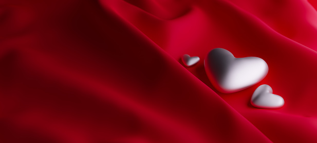 Romantic background with heart shapes on soft red cloth, 3d rendering