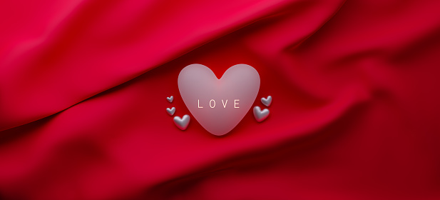 Romantic background with heart shapes on soft red cloth, 3d rendering