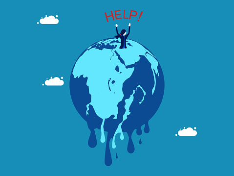 Global warming. Businesswomen on a melting planet are asking for help. vector illustration
