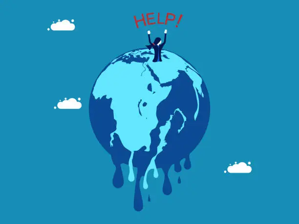 Vector illustration of Global warming. Businesswomen on a melting planet are asking for help. vector