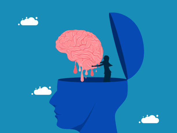 istock Brain deterioration. woman lifts melted brain from big head. vector 1873903424