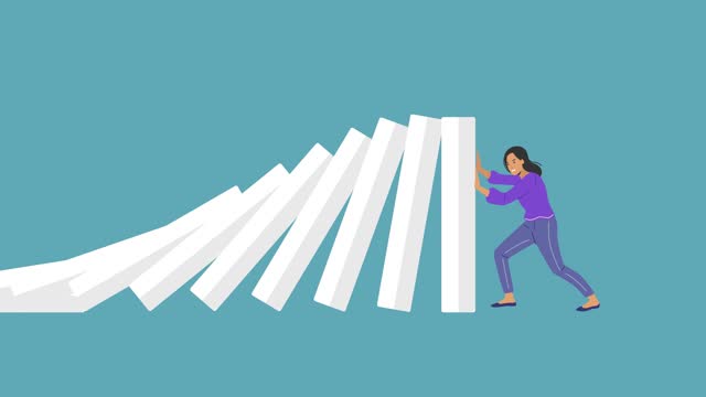 Business woman Trying To Stop Domino Effect Concept Animation of Business Resilience, Stopping The Risk. Leadership Challenge and Prevent Failure.