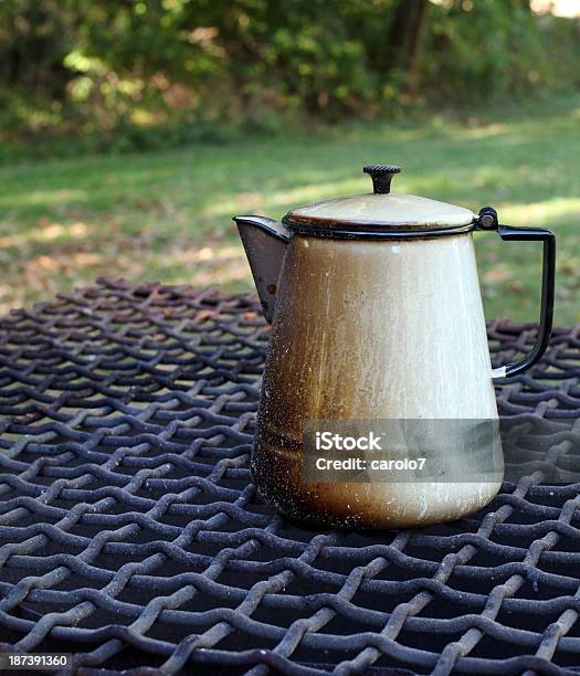 Antique White Enamel Coffee Pot On Open Fire Copy Space Stock