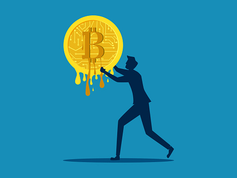 Cryptocurrencies depreciate. man holds melting bitcoin coins. vector illustration