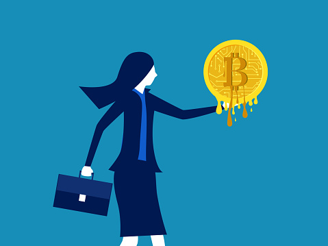 Cryptocurrencies depreciate. Businesswoman holds melting bitcoin coins. vector illustration