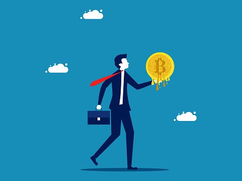 Cryptocurrencies depreciate. Businessman holds melting bitcoin coins. vector illustration