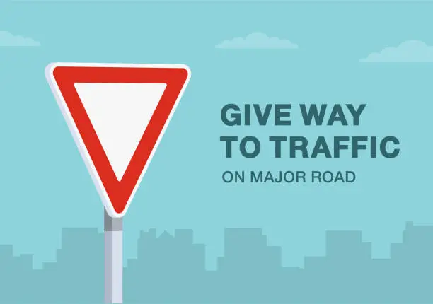 Vector illustration of Safe driving tips and traffic regulation rules. Close-up of european give way sign. Vector illustration template.