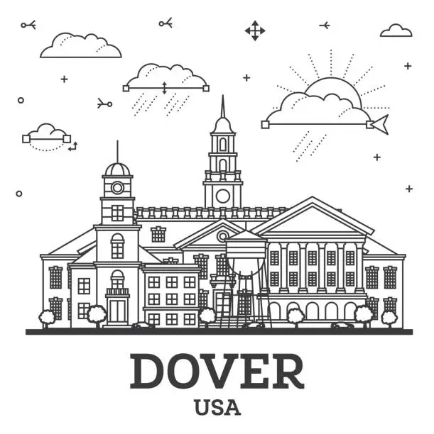 Vector illustration of Outline Dover Delaware City Skyline with Modern and Historic Buildings Isolated on White. Dover USA Cityscape with Landmarks.