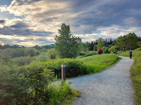 Victoria, Canada - May 12, 2021. Incidental people walk at Swan Lake in Saanich, a region of Victoria, on Vancouver Island.