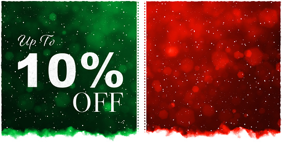Bright red maroon and green colored horizontal background with text Up to ten percent off discount. Can be used as Christmas, Diwali, Black Friday deals, end of season , festival sales, related backdrops, templates, web banners, gift wrapping paper sheet, templates or posters. Small glitter like or glittery dots shining here and there. There are two vertical stripes or bands dividing the illustration into two partitions or divisions.