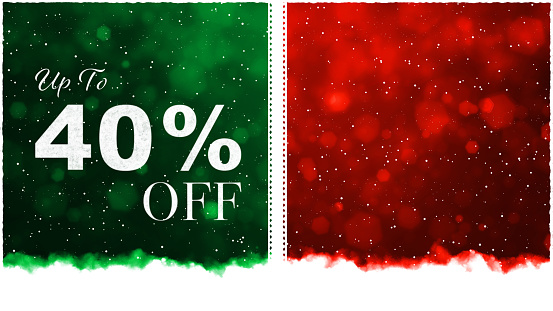 Bright red maroon and green colored horizontal background with text Up to 40 percent off discount. Can be used as Christmas, Diwali, Black Friday deals, end of season , festival sales, related backdrops, templates, web banners, gift wrapping paper sheet, templates or posters. Small glitter like or glittery dots shining here and there. There are two vertical stripes or bands dividing the illustration into two partitions or divisions.