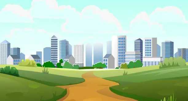 Vector illustration of Country meadow. there is big city on horizon. Scenery Landscape. Fun cartoon style. Vector
