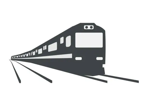 Vector illustration of Diesel commuter train turning. Running on double track. Silhouette illustration in perspective view.