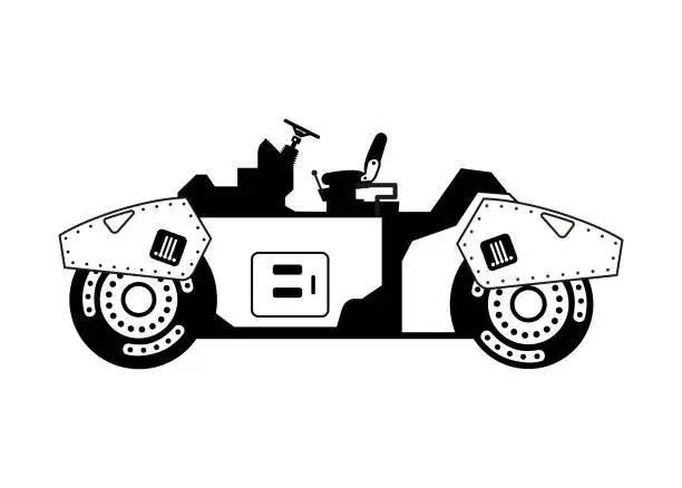 Vector illustration of Road construction vehicle with opened cab. Simple illustration in black and white.