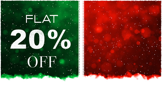 Bright red maroon and green colored horizontal background with text Flat twenty percent off discount. Can be used as Christmas, Diwali, Black Friday deals, end of season , festival sales, related backdrops, templates, web banners, gift wrapping paper sheet, templates or posters. Small glitter like or glittery dots shining here and there. There are two vertical stripes or bands dividing the illustration into two partitions or divisions.