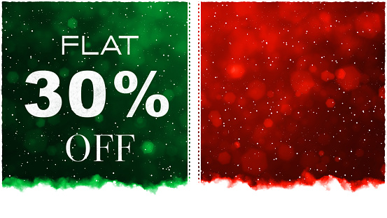 Bright red maroon and green colored horizontal background with text Flat 30 percent off discount. Can be used as Christmas, Diwali, Black Friday deals, end of season , festival sales, related backdrops, templates, web banners, gift wrapping paper sheet, templates or posters. Small glitter like or glittery dots shining here and there. There are two vertical stripes or bands dividing the illustration into two partitions or divisions.