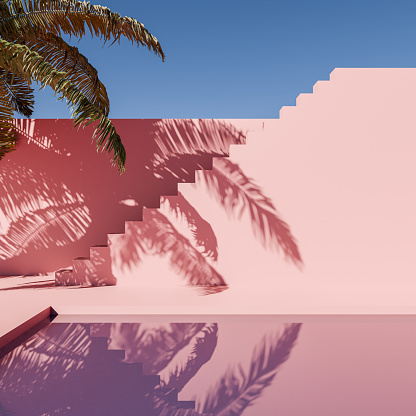 Architectural Design with Pink Wall, Steps, Swimming Pool, and Palm Tree - Stock Photography Material
