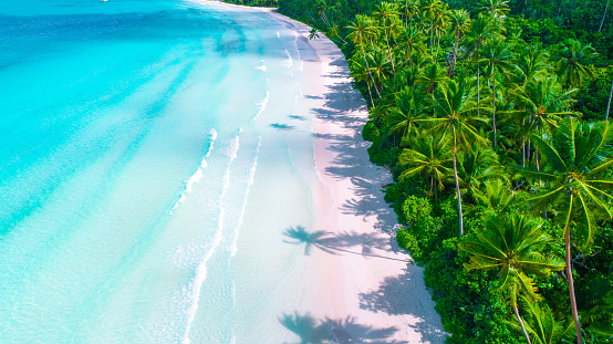 Aerial view with Soft blue turquoise ocean wave on the beach and soft wave background