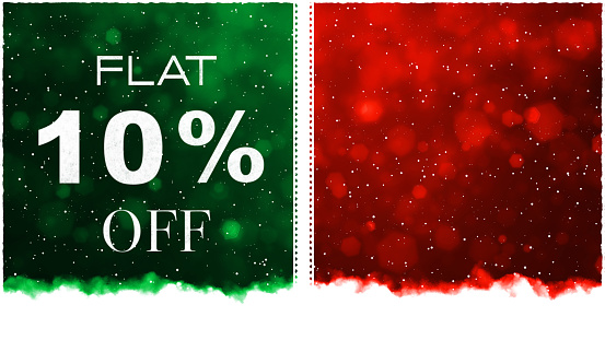 Bright red maroon and green colored horizontal background with text Flat 10 percent off discount. Can be used as Christmas, Diwali, Black Friday deals, end of season , festival sales, related backdrops, templates, web banners, gift wrapping paper sheet, templates or posters. Small glitter like or glittery dots shining here and there. There are two vertical stripes or bands dividing the illustration into two partitions or divisions.