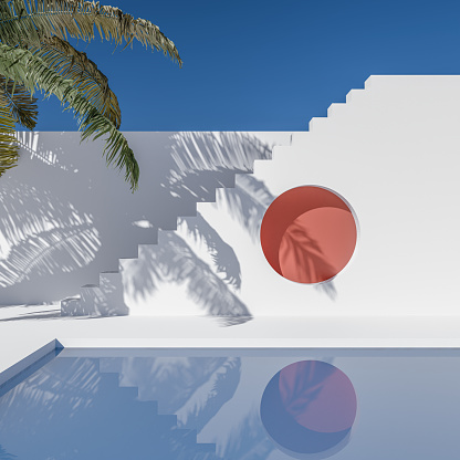 Architectural Design with Pink Wall, Steps, Swimming Pool, and Palm Tree - Stock Photography Material
