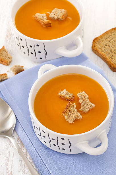 istock pumpkin soup in bowl with spoon 187404074