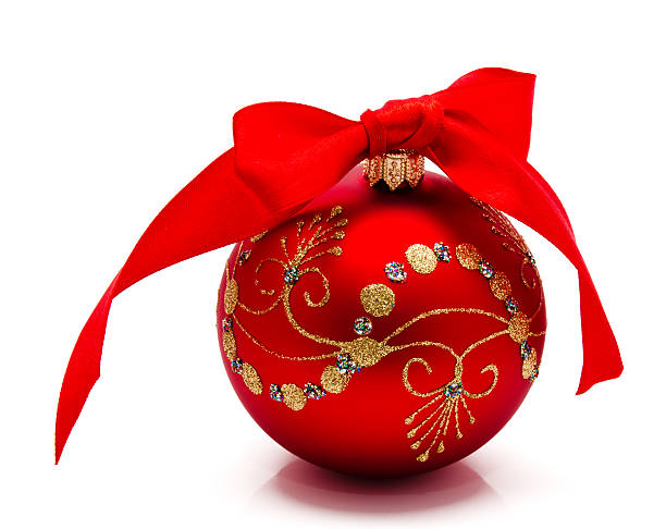 istock Red christmas ball with ribbon isolated 187405549