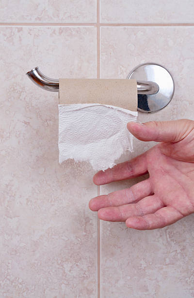 istock Empty toilet paper holder with hand 187405754