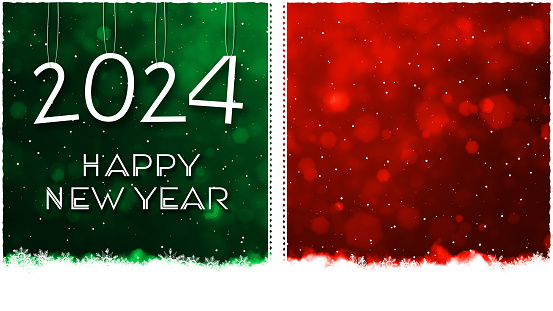 Bright red maroon and green colored horizontal background. Can be used as New Year 2024 celebrations background, wallpaper, gift wrapping sheet. Small glitter like or glittery dots shining here and there. There are two vertical stripes or bands dividing the illustration into two partitions or divisions.