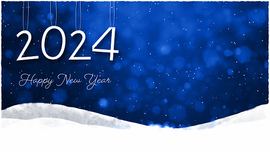 Horizontal illustration of royal blue textured ethereal sky backdrop with text 2024. Apt for Xmas, Christmas, New Year Day vacations themed wallpapers, greeting cards, posters and backdrops and gift wrapping paper sheets.