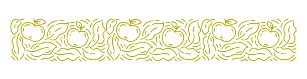 Vector illustration of Apple and leaves horizontal background pattern. Editable outline stroke. Vector line.