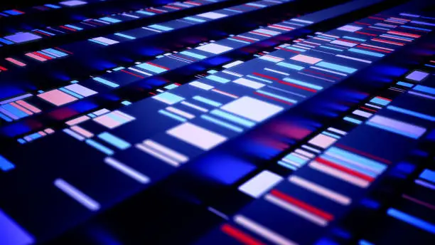 Abstract high-tech background with glowing lights in a row. Next-generation sequencing concept.